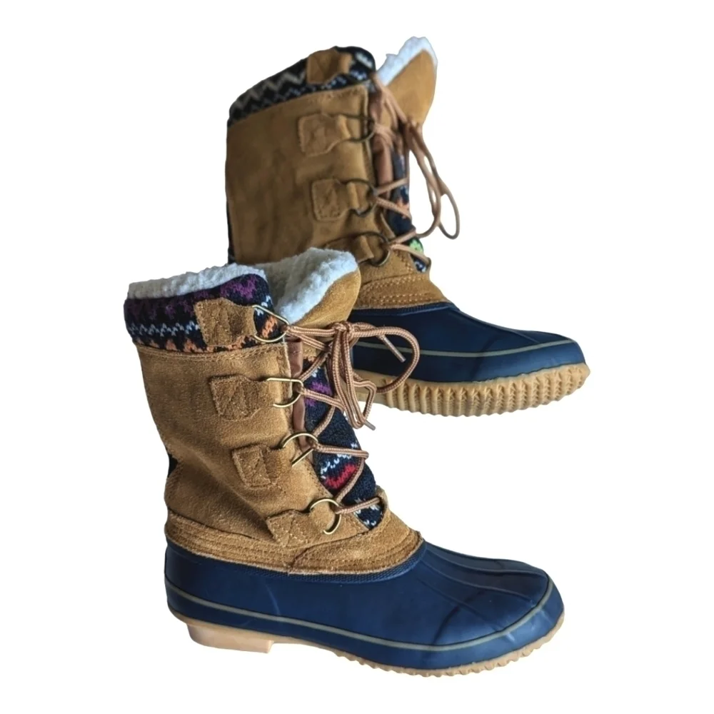 Khombu Vail Women's Blue Rubber Tan Suede Snow Duck Boots Colorful Knit Accent 6